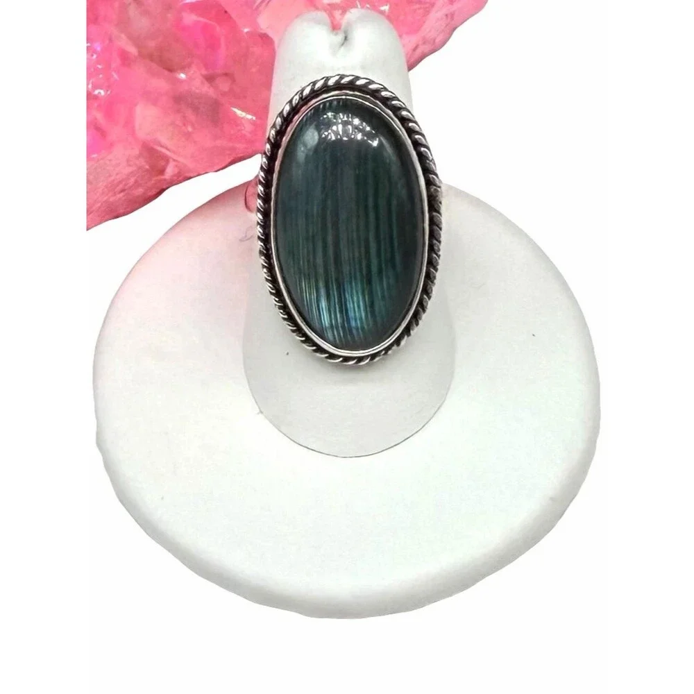 Labradorite Ring Size 7.5 925 Sterling Silver Overlay Oval Stone